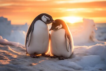 Poster - Adorable penguin chicks cuddling at sunset