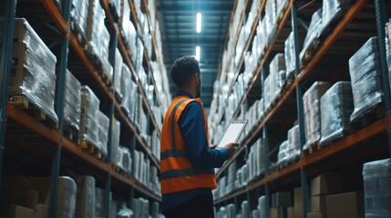 Wall Mural - A warehouse employee in a high visibility vest uses a digital tablet to manage inventory in a large distribution center. AIG41