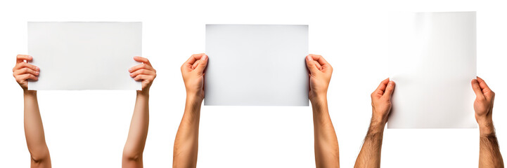 Wall Mural - Set of papers in hands on a white or transparent background. Close-up of a man holding a white sheets of paper. Mockup. Protest. Creative process. Development.