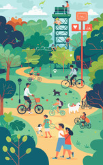 Wall Mural - a painting of people walking and biking in a park