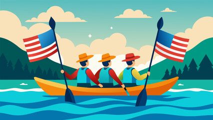 Wall Mural - As they paddle down the river a trio of kayakers proudly display their patriotism with a largerthanlife American flag attached to the center of their. Vector illustration