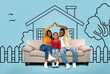 African American family consisting of parents and daughter are seated on a beige couch placed against illustration of suburban house on blue background