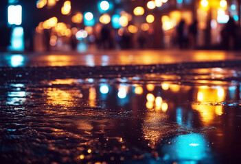 Wall Mural - 'bokeh neon dark puddles reflection city big lights night background blurred light asphalt wet abstr