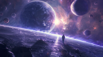 Wall Mural - a cinematic digital artwork depicting a figure standing at the edge of an expansive universe.
