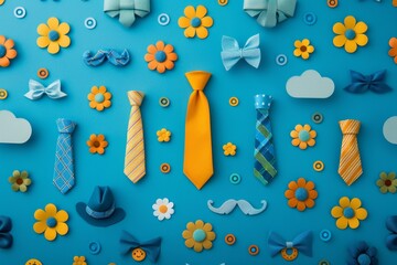 A blue background with a variety of ties and flowers. Generative AI.