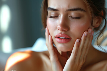 Wall Mural - Young woman touching mouth with hands with painful expression because of toothache