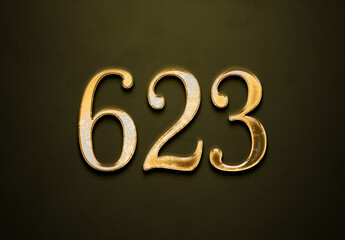 Old gold effect of 623 number with 3D glossy style Mockup.	