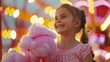 A little girl with a big smile and happy eyes is enjoying cotton candy at the carnival. Her nose wrinkles as she takes a bite, and her ears stick out from her hairstyle AIG50