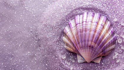 Wall Mural - close up of purple seashell on glittery purple surface