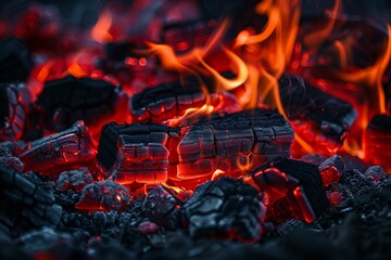 Poster - Intense Flames Over Charcoal Briquettes in Vivid Red and Black