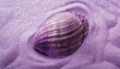 shimmering purple seashell on sparkling violet sand texture