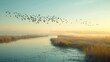 A flock of migratory birds flying over a restored wetland habitat, a testament to habitat preservation efforts.