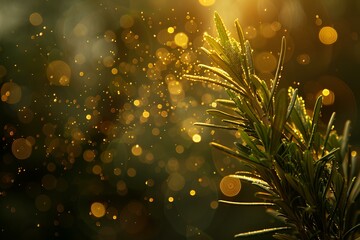 Poster - Golden Hour Sunlight Glowing on Fresh Rosemary Branch