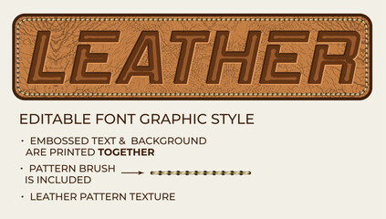 Leinwandbilder - Editable text effect. Embossed letters on leather textured rectangular background, yellow thread stitches. Letter and backdrop are printed together. Retro typography graphic style