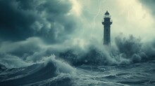 A Lonely Lighthouse Standing Tall Against A Stormy Sea