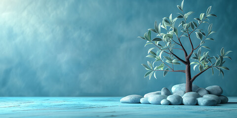 Wall Mural - Eco concept, tree and stones on a plain blue background