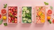 © lastfurianec - Three boxes of mixed frozen healthy products for smoothies, fresh fruits, vegetables, nuts, on the background of pink salmon.