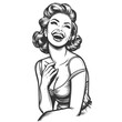 woman laughing heartily, her head thrown back in a moment of pure joy and infectious mirth sketch engraving generative ai fictional character vector illustration. Black and white image.
