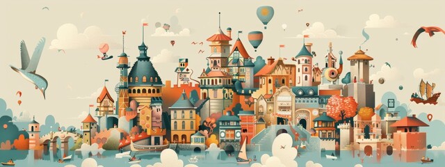 Wall Mural - Whimsical line art characters exploring various destinations and attractions.