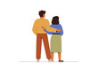 Young couple hugging from behind back view. Asian man and woman embracing and looking forward. People in love, two friends, family relationship concept. Vector illustration