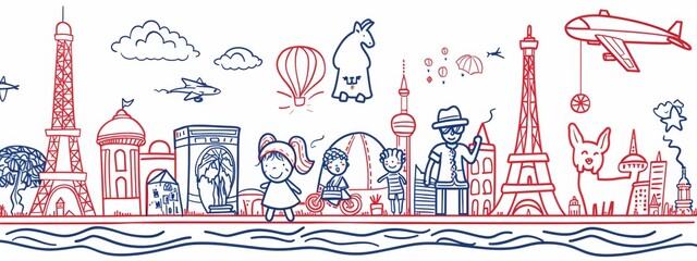 Wall Mural - Whimsical line art characters exploring various destinations and attractions.