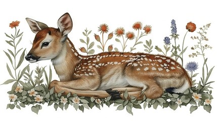 Wall Mural - a white background with a painted fawn lying in a field of daisies and wildflowers