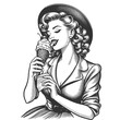 smiling vintage woman holding a spoon and a delightful ice cream sundae, evoking classic dessert enjoyment sketch engraving generative ai fictional character vector illustration. Black and white image