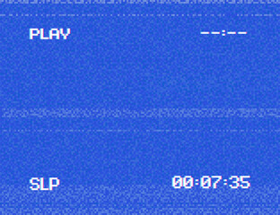 Poster - Retro VHS blue screen and video player interface with pixelated noise effect editable vector background