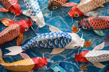 Wall Mural - A group of paper koi fish are swimming in a blue ocean. The fish are of various colors and sizes, creating a vibrant and lively scene. Concept of tranquility and beauty