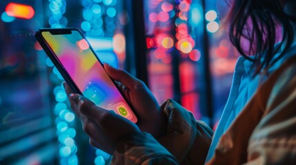 Poster - A person is seen holding a cell phone in their hands, with the screen visible and fingers tapping.