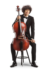 Sticker - Young male artist sitting on a chair with a cello