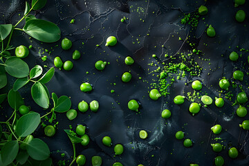 Wall Mural - A vibrant display of fresh green peas artistically scattered across a dark textured surface