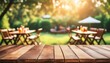 © Tomas - backyard garden party with barbecue wooden table on blurred background with space for text summer party lifestyle concept generative ai