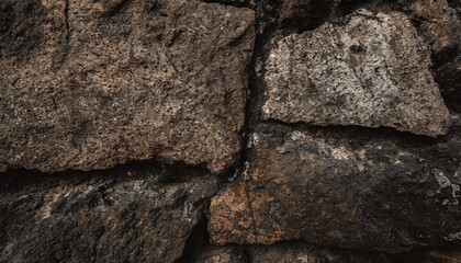a detailed closeup of a cracked stone wall revealing a beautiful pattern of earth tones resembling bedrock in the darkness of the landscape