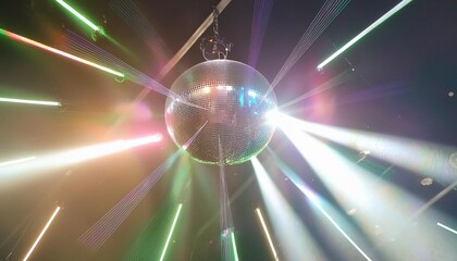 Wall Mural - disco mirror ball struck nightclub lasers exploding into prismatic rainbows generative ai