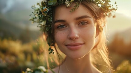 Wall Mural - A woman wearing a flower crown on her head is smiling in a field of grass, showcasing a happy and fun headpiece at an event. The flower is a fashion accessory that adds to her joyful expression AIG50