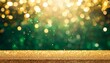 christmas new year celebration sparkling glitter table top floor gold and green studio background with golden blur bokeh luxury holiday backdrop mockup for product display festive greeting card