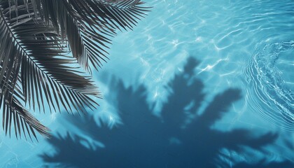 Wall Mural - aqua waves and coconut palm shadow on blue background water pool texture top view tropical summer mockup design luxury travel holiday 3d render