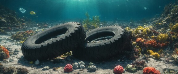 Wall Mural - Car tire under the sea Pollution Illustration, Ocean Plastic Ecology Underwater Problem