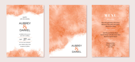 wedding invitation set with abstract orange watercolor background