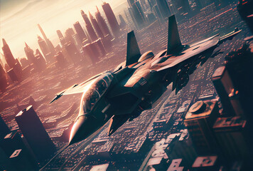 Fighter planes fly over the big city. Defensive military and world war concept. Generative AI