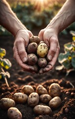Wall Mural - Hands with potatoes against field. Harvesting vegetables