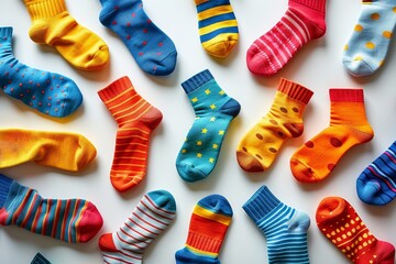 A playful arrangement of colorful socks with vivid patterns, displayed on a bright white background