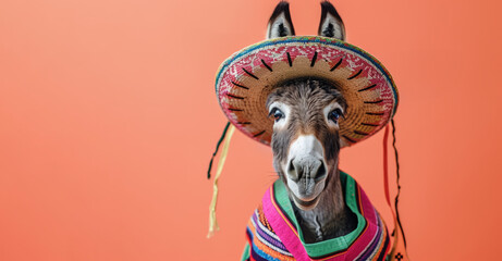 a donkey portrait wearing a sombrero hat and mexican style clothing