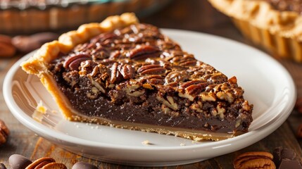 slice of chocolate pecan pie, in a kitchen, national chocolate pecan pie day  