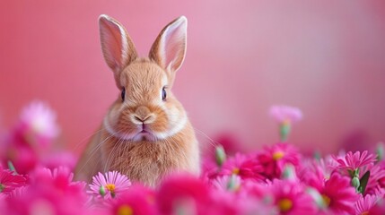 Wall Mural -   A close-up of a rabbit surrounded by pink flowers and a pink wall