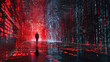 Hacker or user on dark red tech background, silhouette of person and digital data pattern. Concept of cyber security, technology, future, hack, network