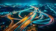 Timelapse shot of light trails from cars on a busy highway expressway at night, capturing the vibrant energy of urban transportation