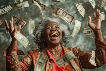 A happy middle - aged black american woman in an orange jacket is throwing dollars money into the air. Woman won the jackpot in the lottery.