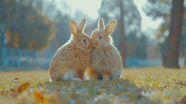   A pair of rabbits resting side-by-side on a lush green meadow surrounded by tall trees